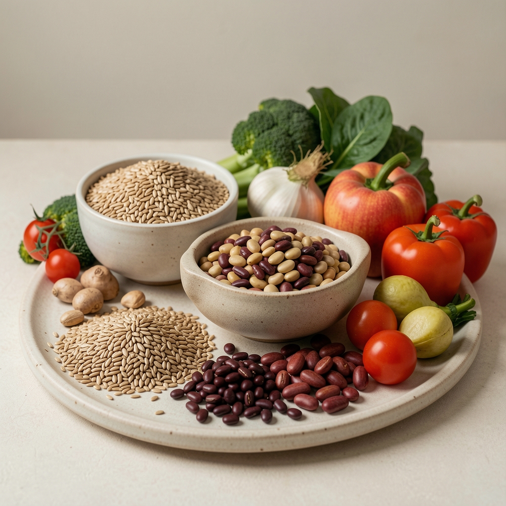 Selection of whole grains, legumes, and seasonal vegetables on a pale ceramic surface, editorial still life