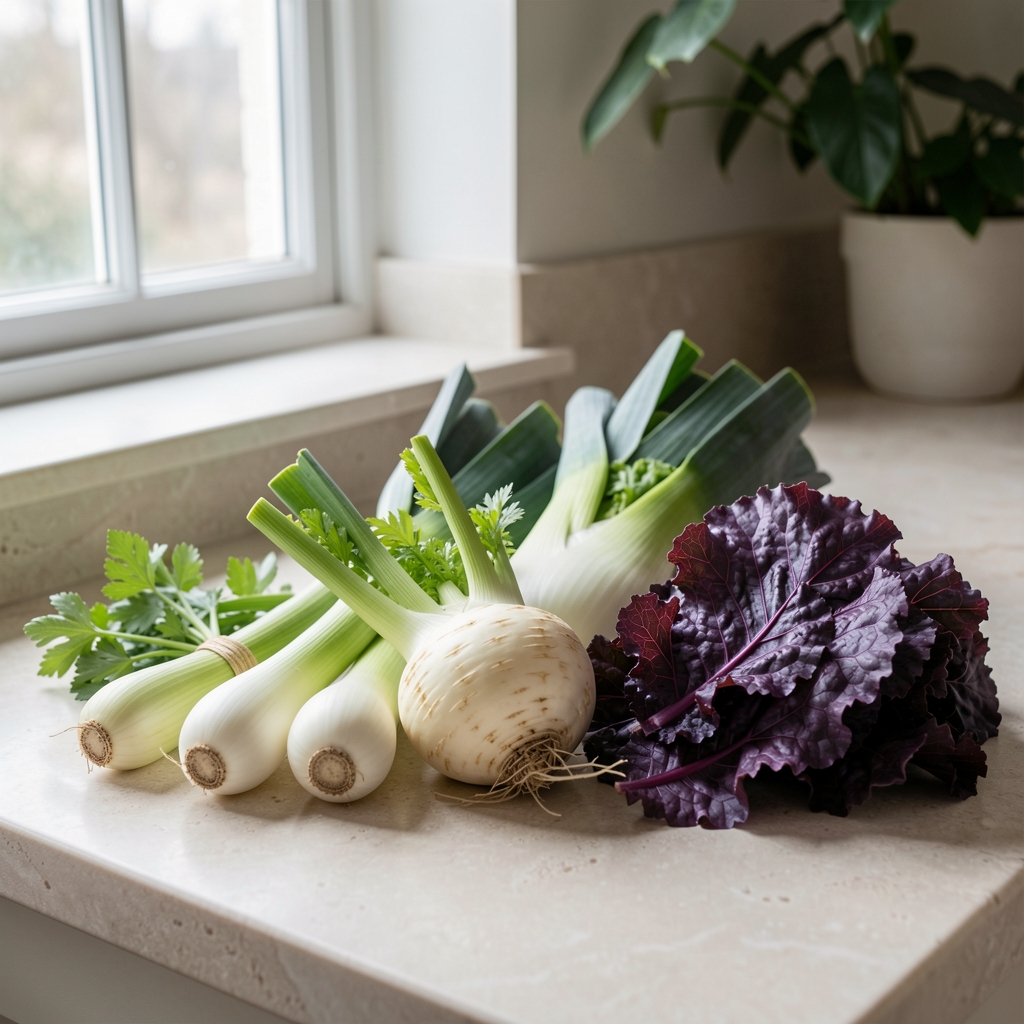 Seasonal winter vegetables — leeks, celeriac, and purple kale — arranged on a pale stone worktop in natural window light, editorial still life composition