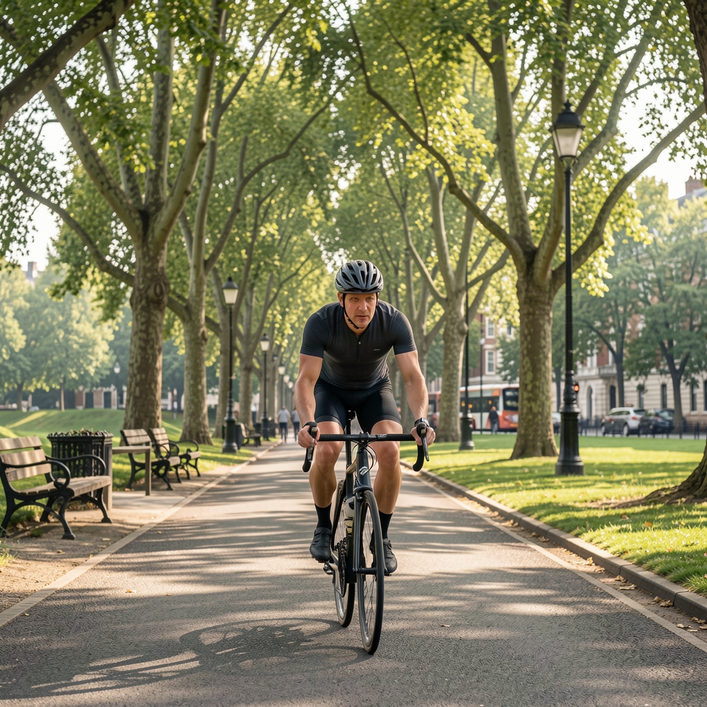 Cyclist riding through a quiet London park on a clear morning, dappled light through mature trees, active urban lifestyle